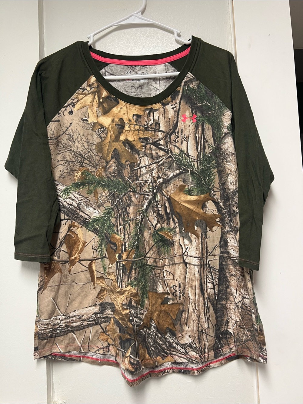 Under Armour Olive Green & Camo Raglan Tee with Pink Accent